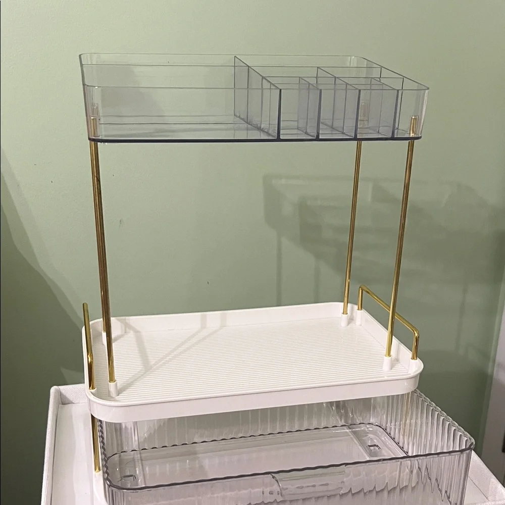 Clear and White 2-Tier Bath Storage Organizer with Gold Accents